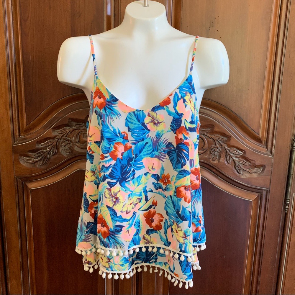 MM MM MM Tropical Print Tank Top with Pom Pom Trim